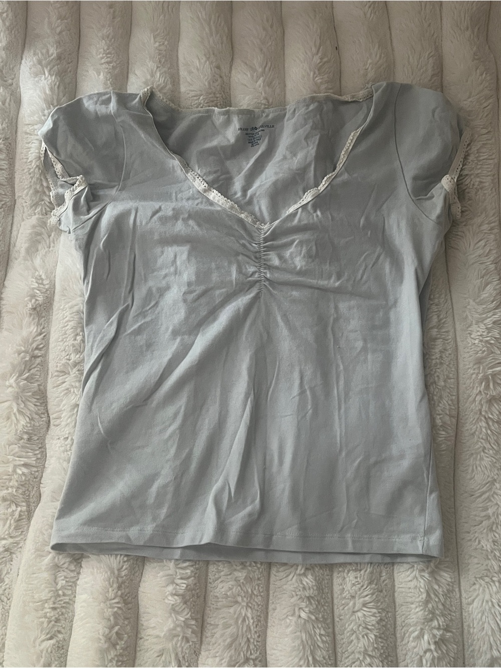 Brandy Melville Light Blue V-Neck Ruched Top with Lace Trim
